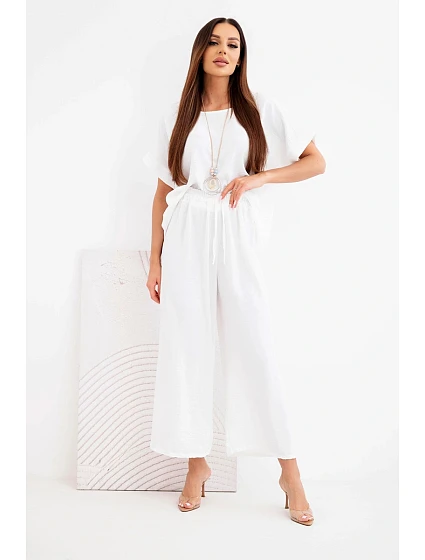 Dámský viskózový model 22128653 halenka s krátkým rukávem a kalhoty se širokou nohavicí ecru - K-Fashion