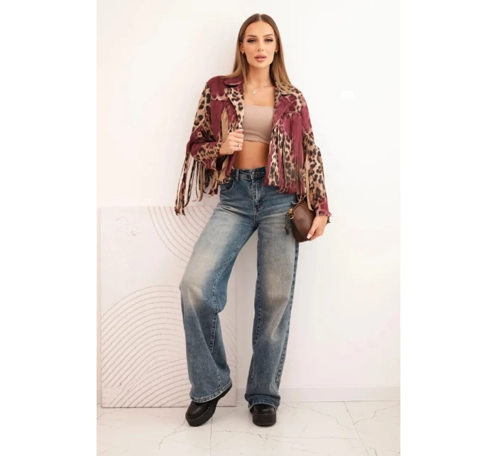 Dámská semišová bunda s třásněmi v leopardím vzoru bordová