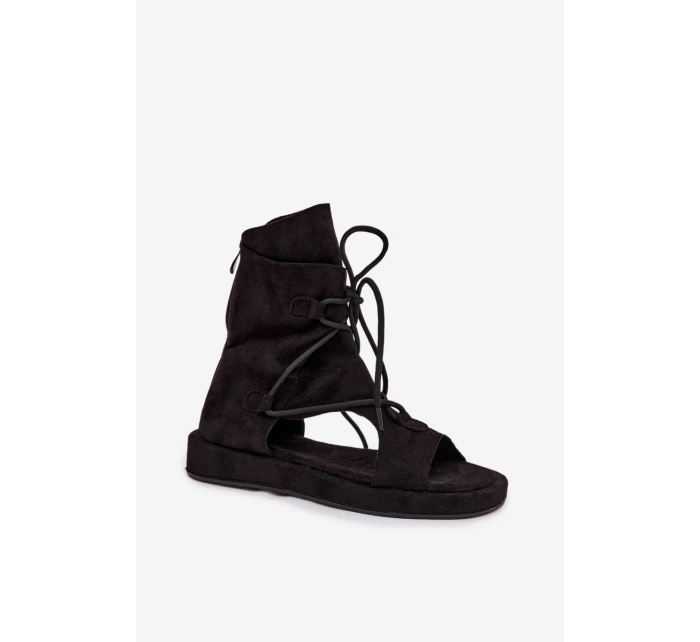 Dámské Sandály Eko Semišové S Vysokým Nártem a Zavazováním Černé Ferlisse