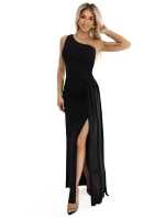dlouhé šaty na jedno rameno s  a rozparkem na nohou BLACK model 21186111 - numoco