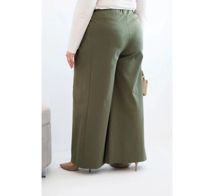 Dámské kalhoty Plus Size s širokými nohavicemi a plisováním khaki