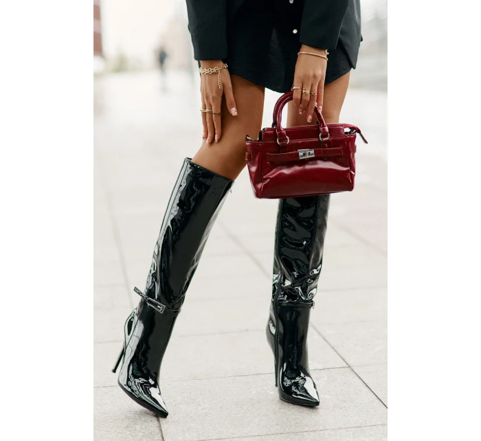 Laky boty zateplené na jehlovém podpatku s přezkou černé Tameliae