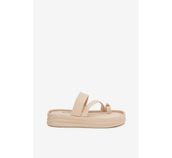 Dámské textilní pantofle s pásky a zlatým detailem světle béžové Farielle