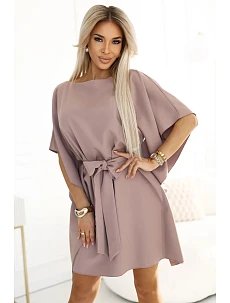 287-37 SOFIA Motýlí šaty se zavazováním v pase - MOCHA MOUSSE