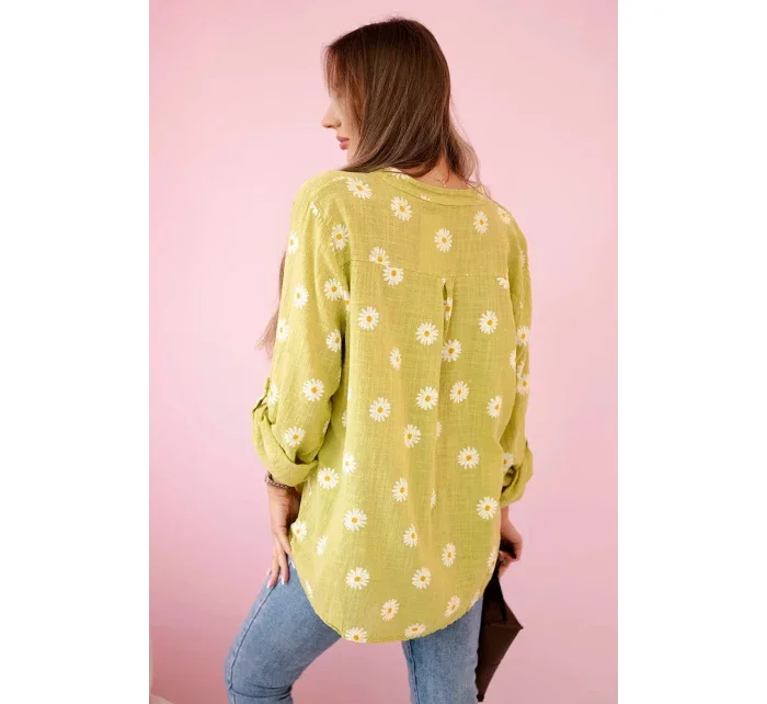 Lněná dámská halenka s květinovým vzorem, dlouhými rukávy a knoflíky kiwi