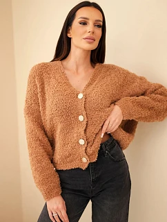 Dámský svetr s mohérem se model 22384923 knoflíky camelový - K-Fashion