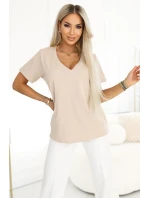 damska z dekoltem V i krótkim  beżowa model 22025612 - numoco basic