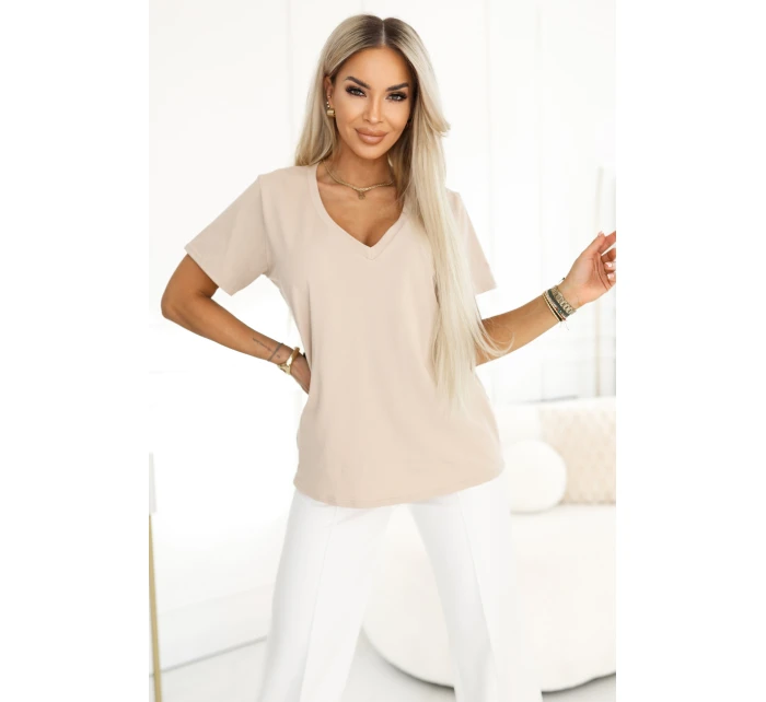 damska z dekoltem V i krótkim  beżowa model 22025612 - numoco basic