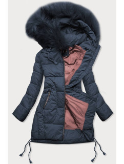 Tmavě modrá prošívaná dámská zimní bunda s kapucí (7690)