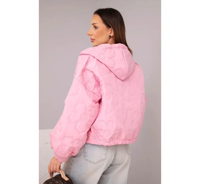 Dámská prošívaná bunda s kapucí a ozdobným květinovým model 22102092 světle růžová - K-Fashion