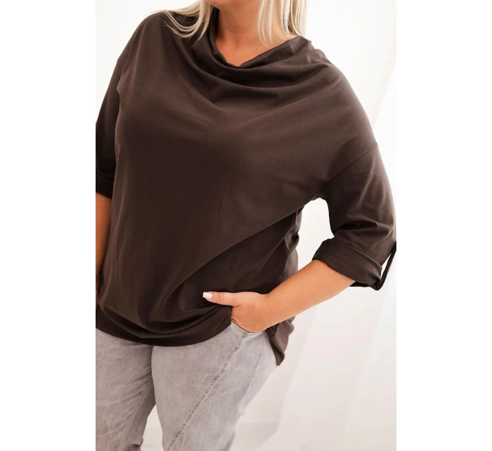 Dámská blůza Plus Size z bavlny volného střihu s vodním výstřihem hnědá