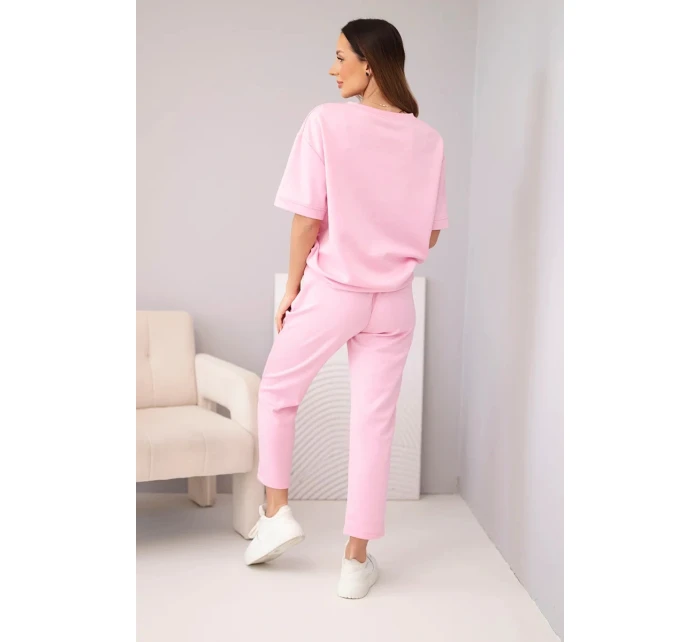 Dámská viskózová souprava s model 22030092 efektem s krátkým rukávem a kalhotami s ohrnutými nohavicemi světle růžová - K-Fashion