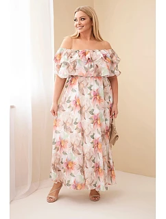 Dámské plus size maxi šaty s volánem off-shoulder a elastickým pasem béžové