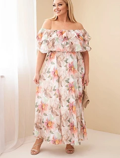 Dámské plus size maxi šaty s volánem off-shoulder a elastickým pasem béžové