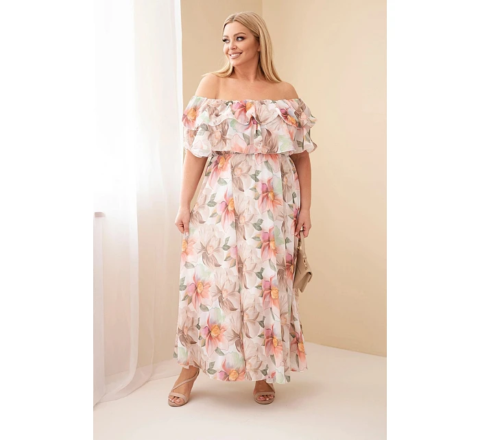 Dámské plus size maxi šaty s volánem off-shoulder a elastickým pasem béžové