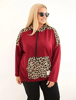 Dámská mikina Plus Size viskózová s kapucí a vložkami s leopardím vzorem bordó červená