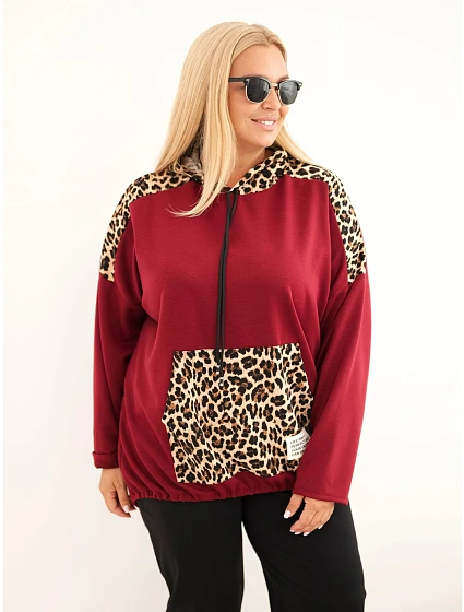 Dámská mikina Plus Size viskózová s kapucí a vložkami s leopardím vzorem bordó červená