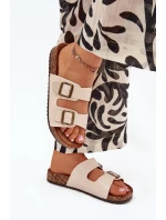 Dámské pantofle na korkové platformě s přezkami – béžové