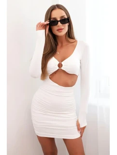 Dámské šaty s dlouhým rukávem a průstřihem v pase s ozdobným model 21101206 ecru - K-Fashion