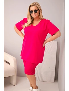 Dámská bavlněná souprava Plus Size s halenkou a šortkami fuchsiová