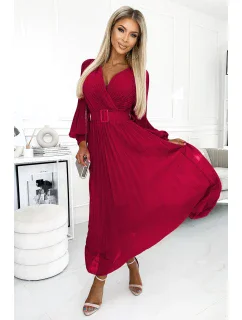 KLARA Dámské plisované šaty ve vínové bordó barvě s výstřihem a opaskem model 21109899 - numoco basic