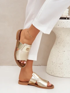 Elegantní Pantofle Z Přírodní Kůže Na Plochém Podpatku model 21684082 Zlaté - Zazoo