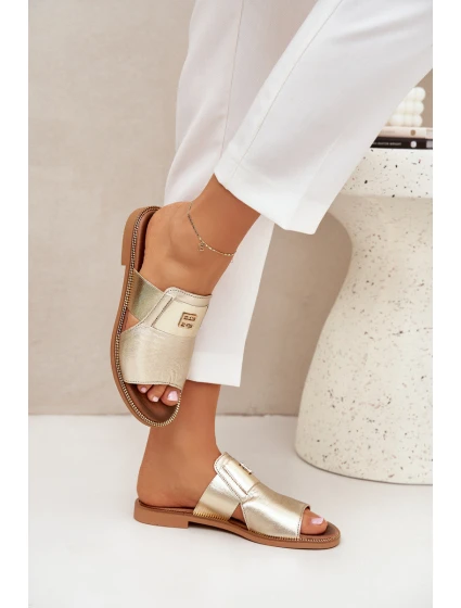 Elegantní Pantofle Z Přírodní Kůže Na Plochém Podpatku model 21684082 Zlaté - Zazoo