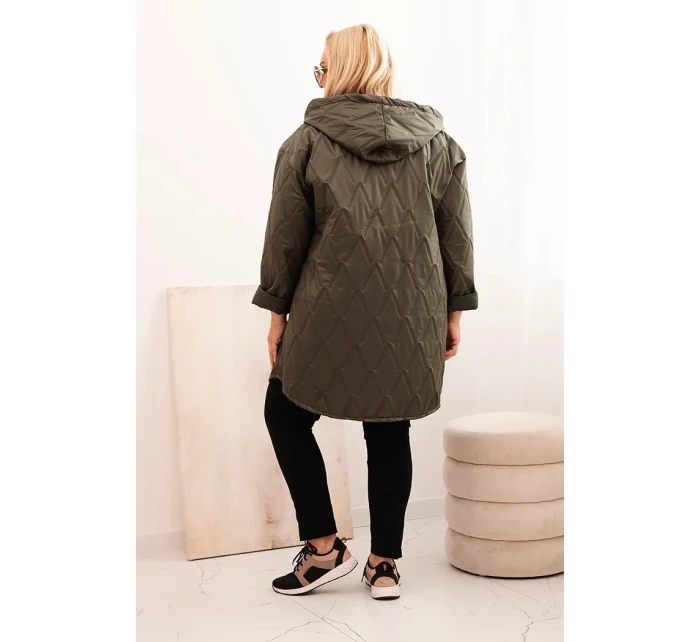 Dámská bunda Plus Size prošívaná s kapucí a nápisem model 21229235 khaki - K-Fashion