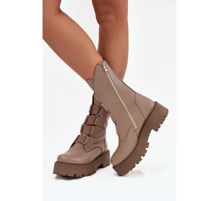 Dámské kotníkové boty z pravé kůže na platformě Zazoo 3795 béžové