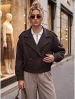 Krátký dámský dvouřadý kabát v čokoládové barvě FashionStreet TY6026 Krátký dámský dvouřadý kabát v čokoládové barvě FashionStreet TY6026