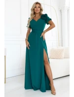 Elegantní dlouhé šaty s páskem a vysokým rozparkem lahvově zelené model 21779075 - numoco Elegantní dlouhé šaty s páskem a vysokým rozparkem lahvově zelené model 21779075 - numoco