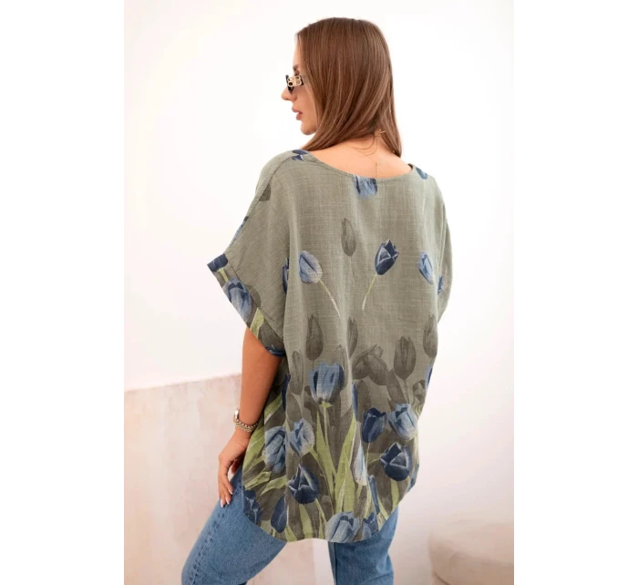Dámská bavlněná košile s květinovým vzorem khaki