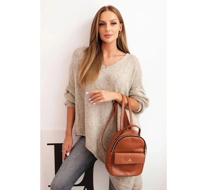 Dámský asymetrický svetr z vlny Plus Size s výstřihem do V tmavě béžový