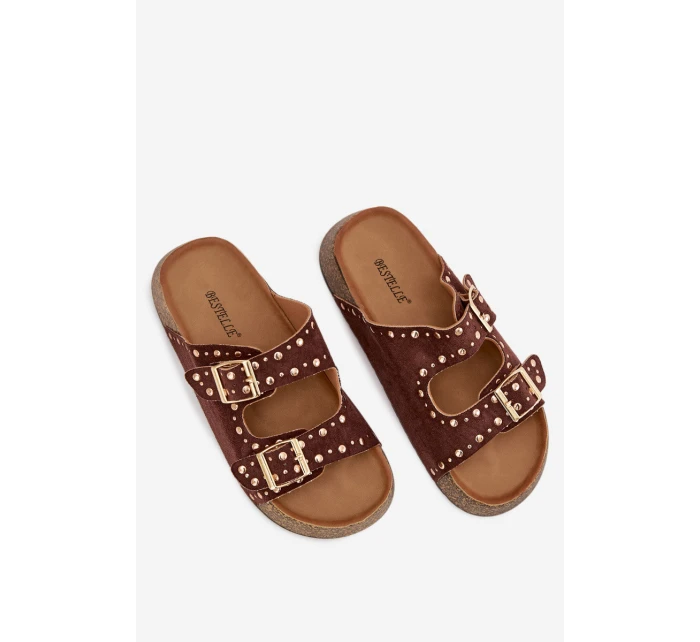 Dámské pantofle s zlatými sponami a knoflíky hnědé Tervina