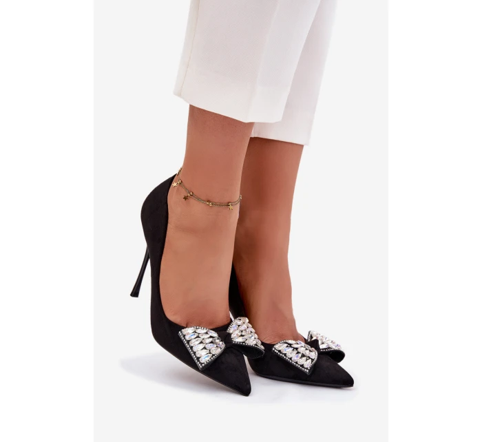 Dámské lodičky s kokardou a krystaly - černé Marivine