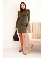 Dámská viskózová pruhovaná šaty s dlouhým rukávem a stojáčkem khaki