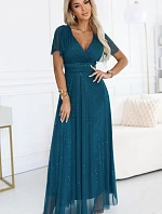 635-1 MELANIA dlouhé třpytivé šaty s výstřihem a krátkými rukávy - lahvově zelené