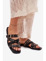 Zdobené Dámské Pantofle Na Plochém Podpatku S Pásky A Přezkou Černé Manitte Zdobené Dámské Pantofle Na Plochém Podpatku S Pásky A Přezkou Černé Manitte