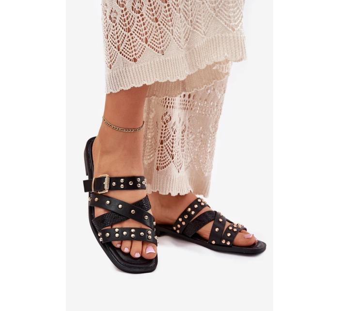 Zdobené Dámské Pantofle Na Plochém Podpatku S Pásky A Přezkou Černé Manitte Zdobené Dámské Pantofle Na Plochém Podpatku S Pásky A Přezkou Černé Manitte