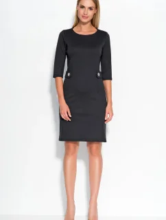 Dámské šaty značkové zdobené v pase knoflíky středně dlouhé černé - Černá - Makadamia