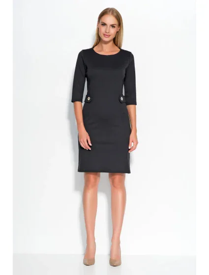 Dámské šaty značkové zdobené v pase knoflíky středně dlouhé černé - Černá - Makadamia