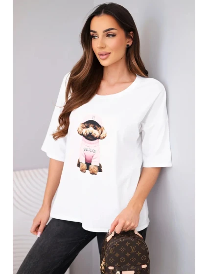 Dámská bavlněná oversize halenka s krátkým rukávem a potiskem V bílá