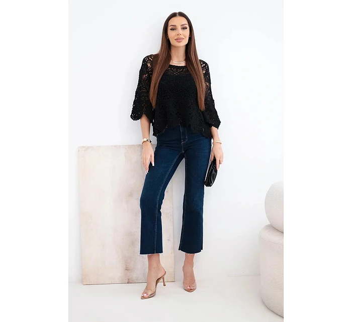 Dámský bavlněný prolamovaný svetr s krátkým rukávem a ozdobným vzorem černý