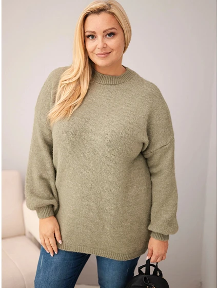 Dámský svetr Plus Size volného střihu s dlouhým rukávem khaki Dámský svetr Plus Size volného střihu s dlouhým rukávem khaki