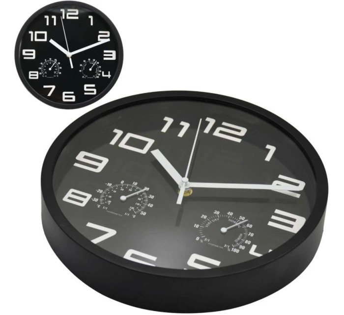 NÁSTĚNNÉ HODINY 25CM S TEPLOMĚREM ČERNÉ