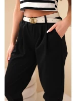 Dámské bavlněné kalhoty s vysokým pasem a opaskem černé