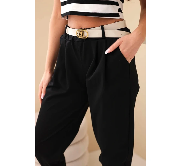 Dámské bavlněné kalhoty s vysokým pasem a opaskem černé