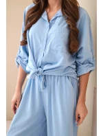 Dámský bavlněný komplet s model 22015462 košilí a širokými nohavicemi modrý - K-Fashion