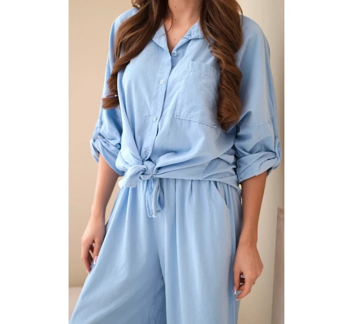 Dámský bavlněný komplet s model 22015462 košilí a širokými nohavicemi modrý - K-Fashion
