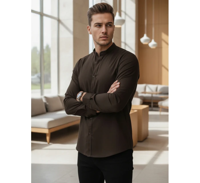 Pánská neformální košile SLIM FIT se stojáčkem hnědá FashionStreet DX2678 Pánská neformální košile SLIM FIT se stojáčkem hnědá FashionStreet DX2678